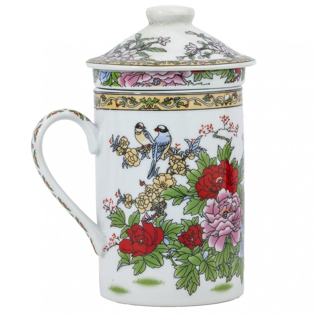 lachineuse - Asian Tea Cup for Infusion - Queen of Flowers Design - Symbol of Good Luck and Wealth - Porcelain - Multicolour - Height 14.5cm - Asian Decoration Gift Idea