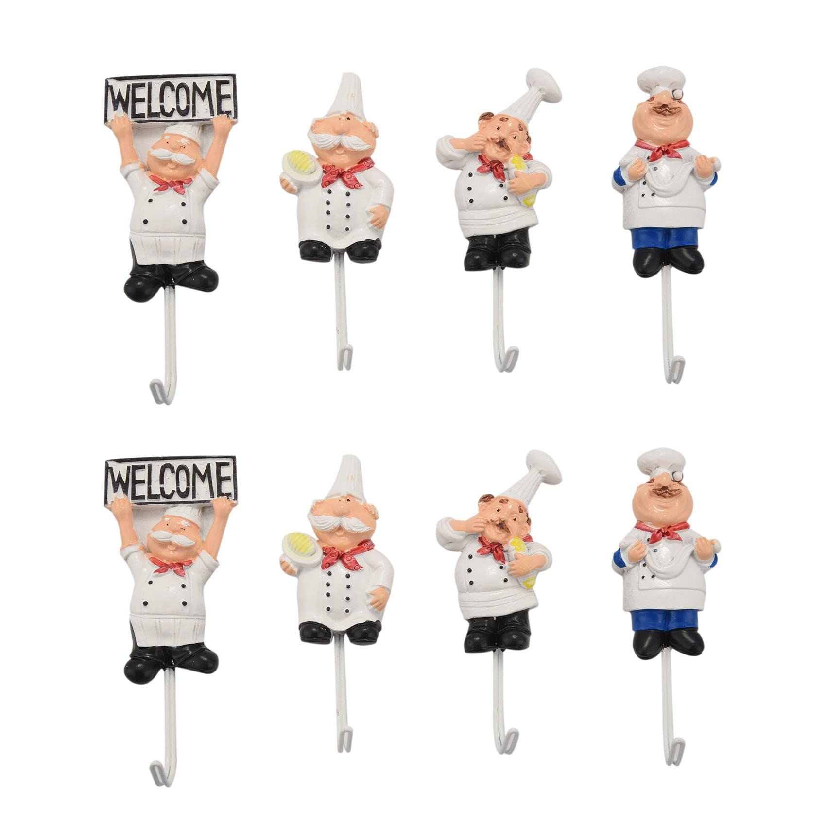 Mvosjfie White Pack Of 8 Resin French Chef Figurine Wall Hooks Decorative Cook Wall Mount Rack Hook Hanger(Assorted Style)