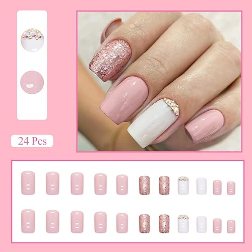 Miniatura 3 de Z656 - Uñas postizas cuadradas a presión con punta francesa corta y media, uñas postizas con diseño de diamante blanco y rosa con purpurina, uñas