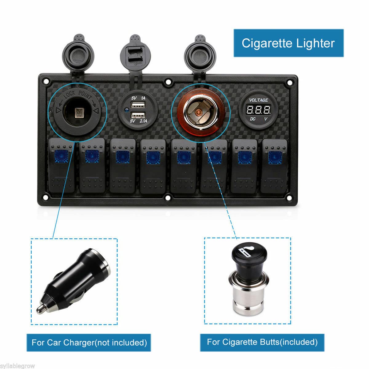 Riloer Panel de interruptor combinado de 8 bandas, 12 V/24 V, barco, coche, RV, USB, interruptor basculante, interruptor de circuito de encendido y apagado, protección contra sobrecarga con luz LED,