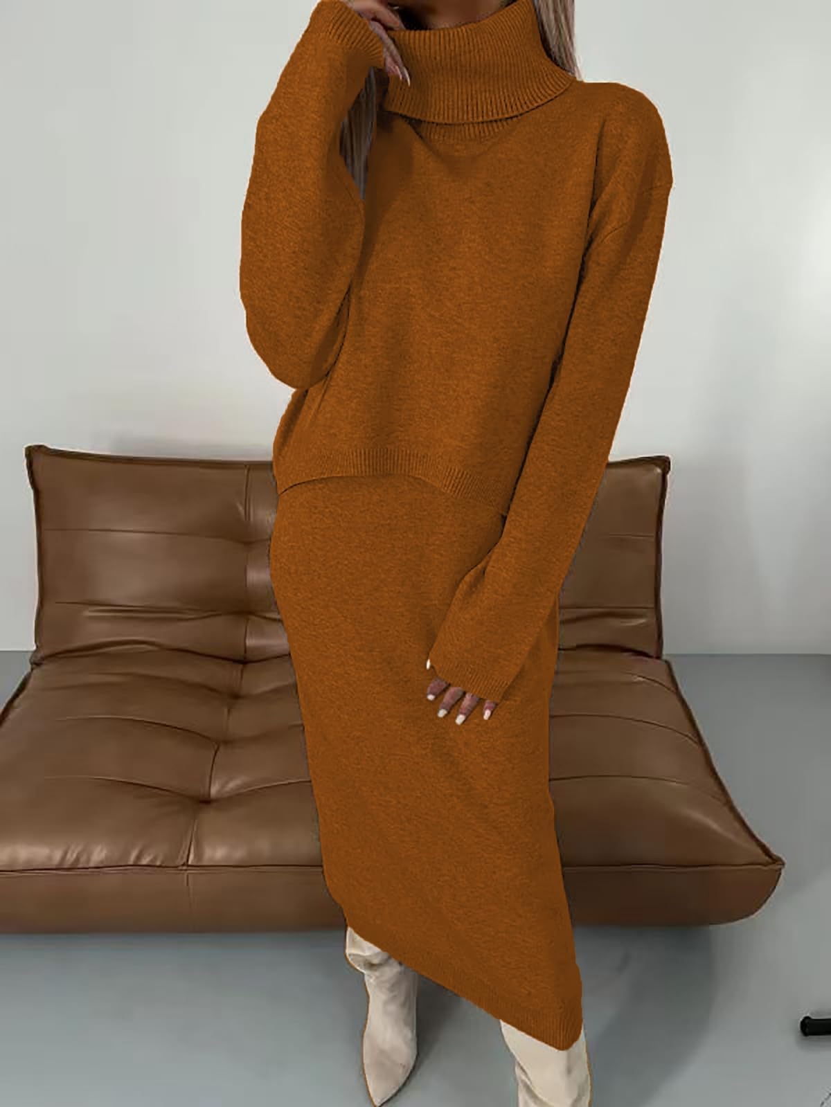 Ensemble robe midi et pull à col roulé blanc, robe pull à col roulé pour l'automne et l'hiver, costume chaud confortable