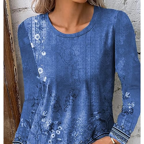 Túnica feminina com gola redonda, manga boho, floral, casual, caimento justo, Azul, P