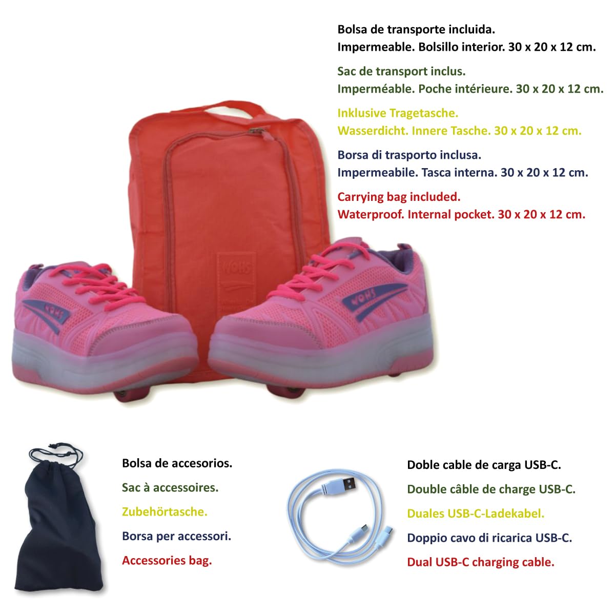 Turnschuhe mit Zwei Rädern und LED-Leuchten, Wiederaufladbar, 16 Lichteffekte