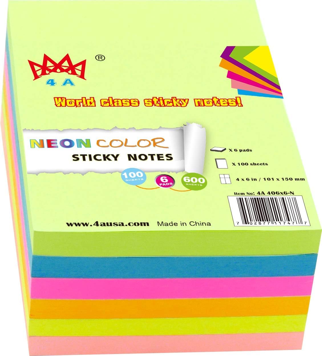 4A Sticky Notes,4 x 6 Inches,Large Size,Neon Assorted,SelfStick Notes