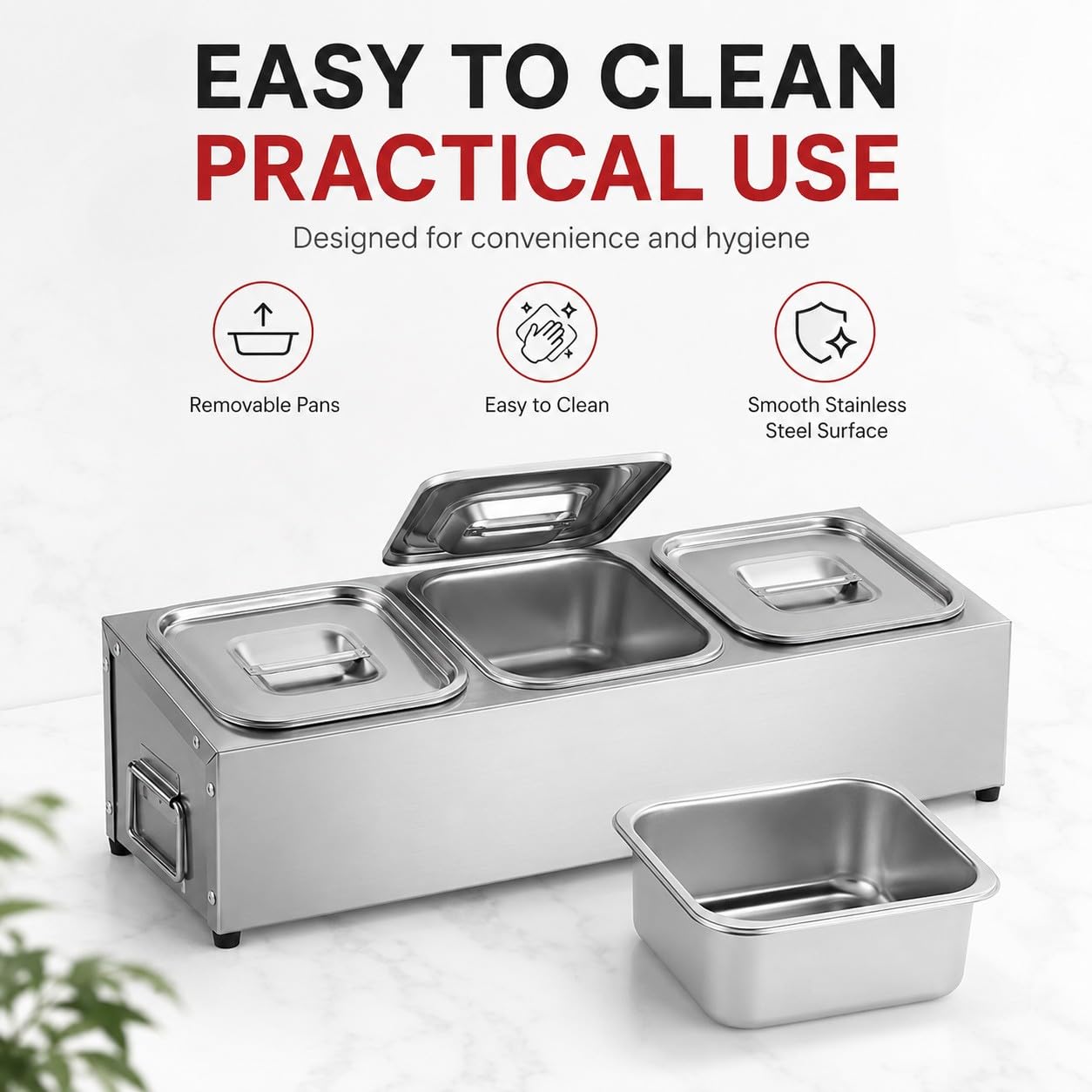 Porta Ingredienti Pizza in Acciaio Inox con Coperchio – Contenitore Gastronom Refrigerato, 3 Vaschette Modulari, Ideale per Pizzerie, Condimenti e Topping, Facile da Pulire