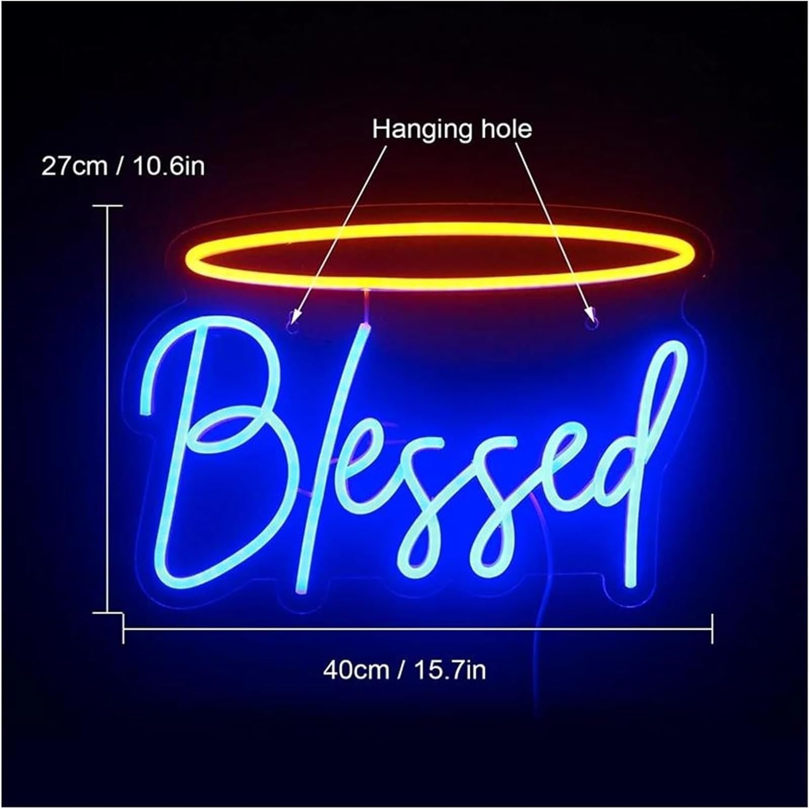 Insegna al neon con lettere colorate per interni, blu, benedetta per parete, alimentata da