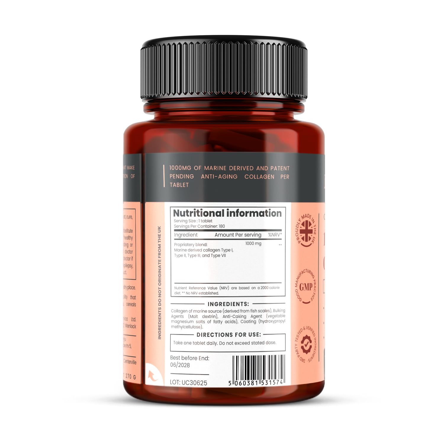 UltraColl Colágeno Marino 1000mg x 360 comprimidos (2 frascos de 180 comprimidos – suministro de 12). El único colágeno anti-envejecimiento patentado tipos I, II, III y VII