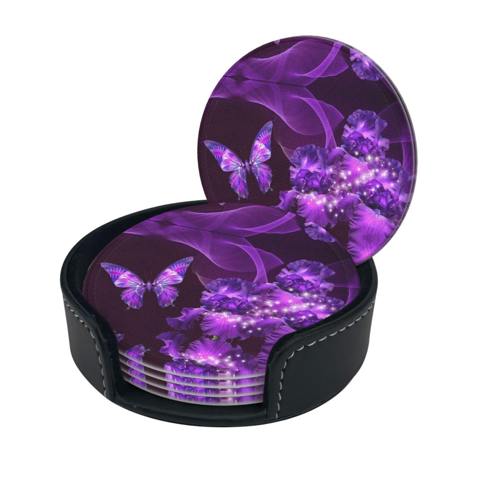 Lklddpzb White Purple Butterfly Print Round Leather Coasters - Set Of 6, Ultra-Fiber Pu Leather