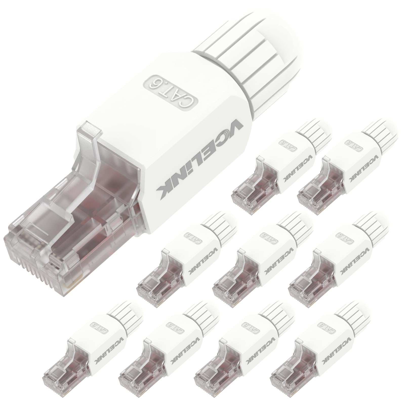 VCELINK Cat6 RJ45 Stecker Werkzeuglos, 1000 Mbit/s 250MHz, Vergoldeter Netzwerkstecker Wiederverwendbar, Kompatibel mit Router, Switch, Glasfaser-Modem und PC, Weiß, 10 Stück