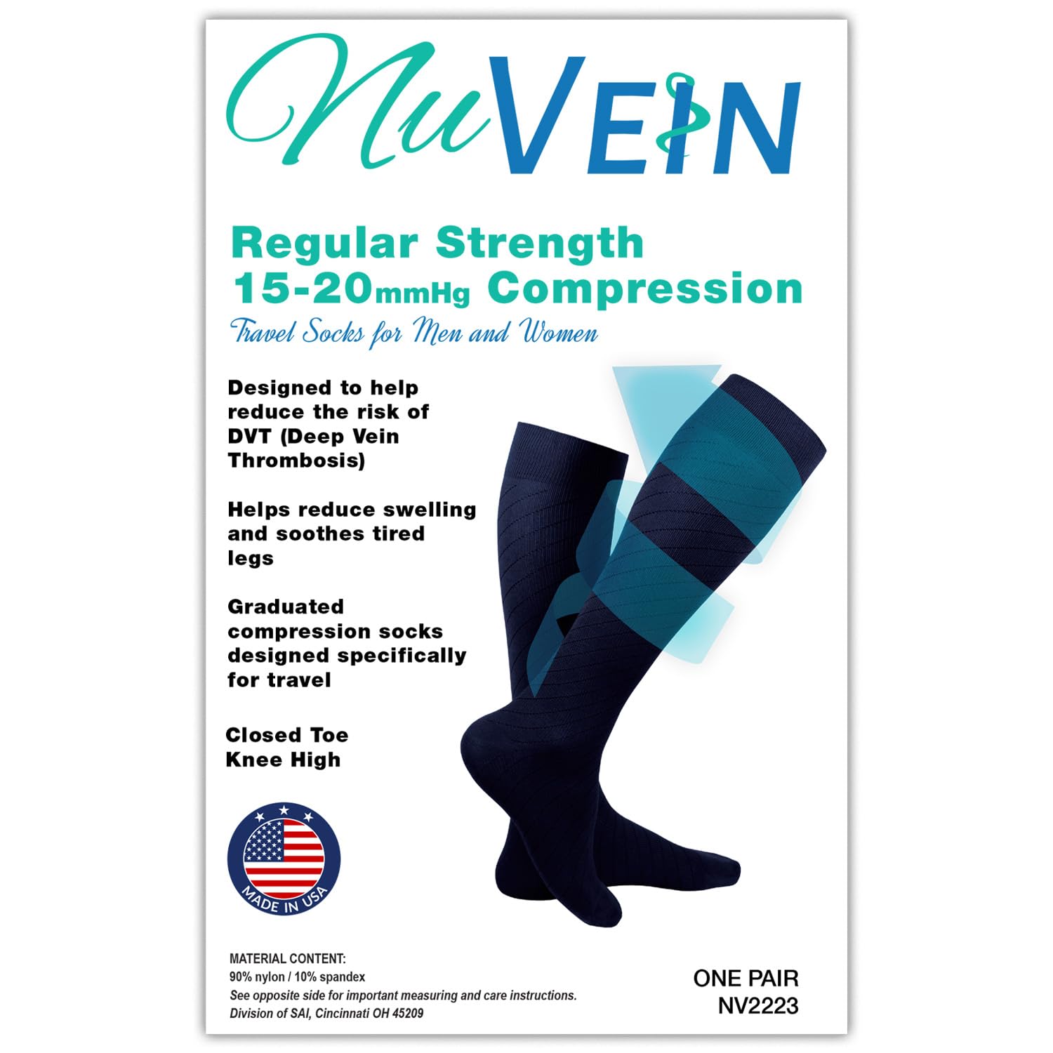 NuVein Compression Socks for Men and Women, Medical Grade 15-20 mmHg for Leg Circulation, Knee High, 1 Pair, Navy, Small