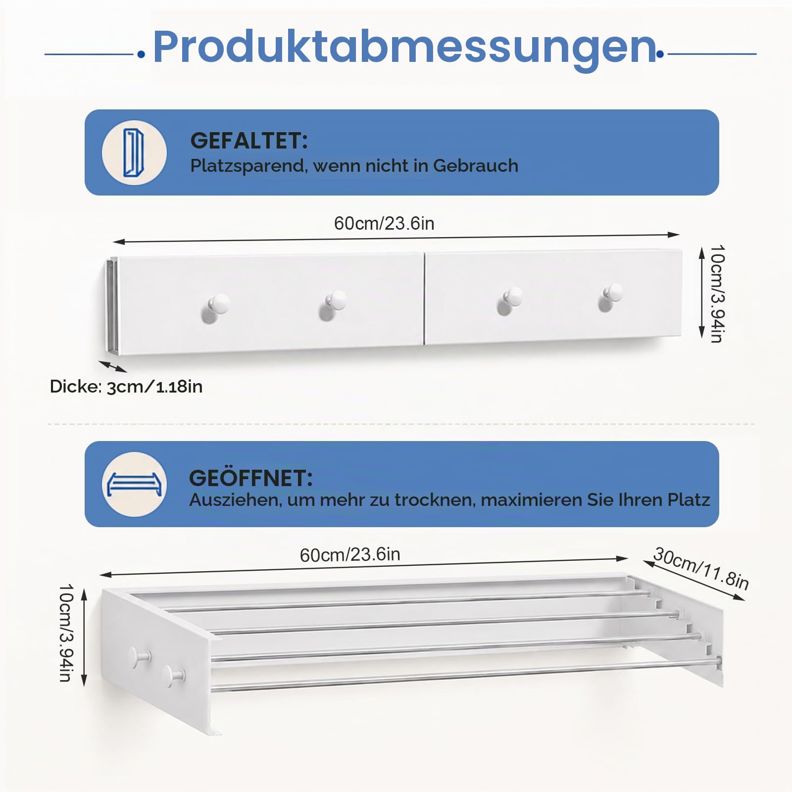 Wäscheständer, 60cm Ausziehbare Wäscheleine Kohlenstoffstahl Wäscheständer Wand mit 4 Haken Platzsparend Handtuchhalter Wand 25KG Tragkraft für Innen oder Außen Balkon Terasse (60cm)