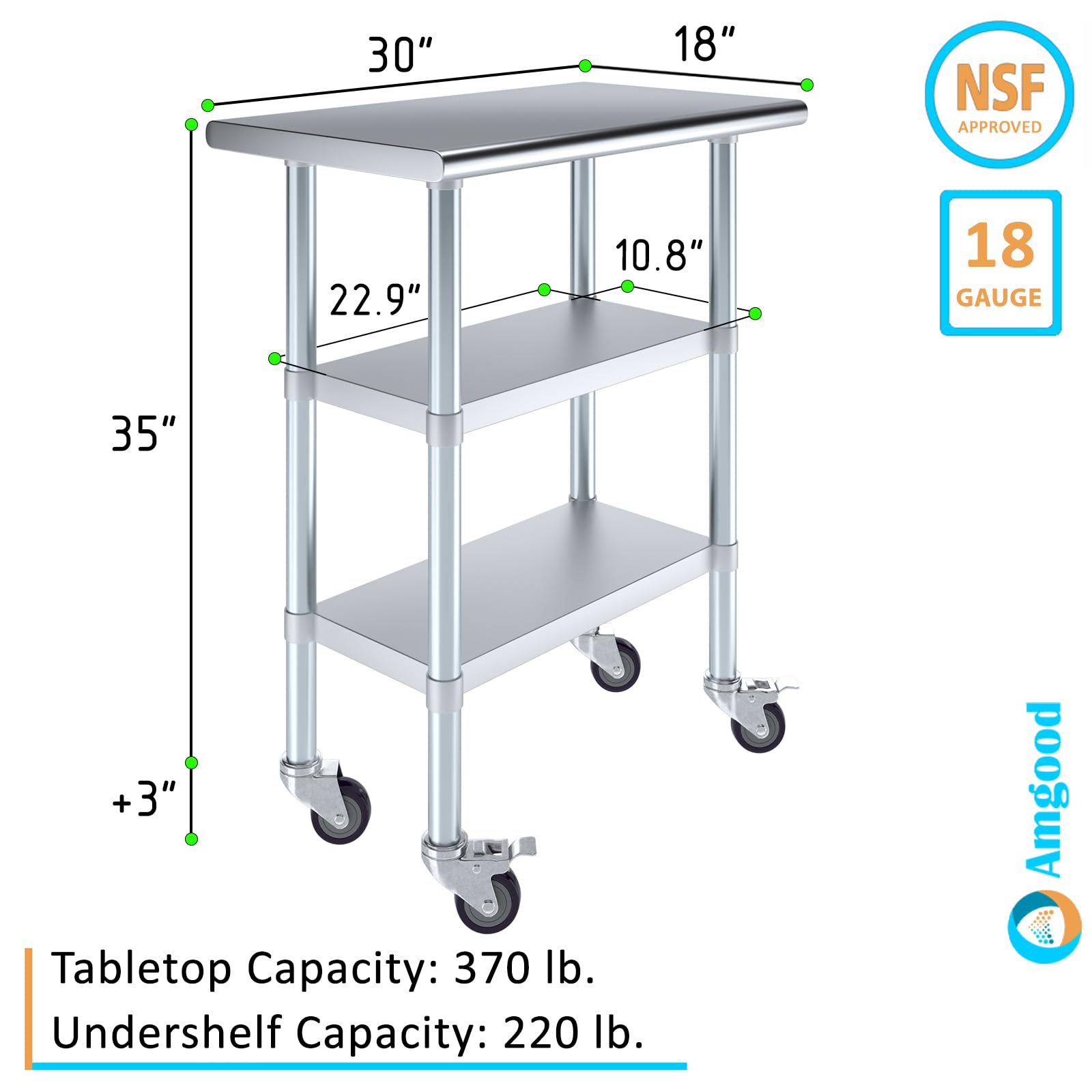 Amazon.co.jp: キャスター付き2つの棚付きステンレススチール製作業台