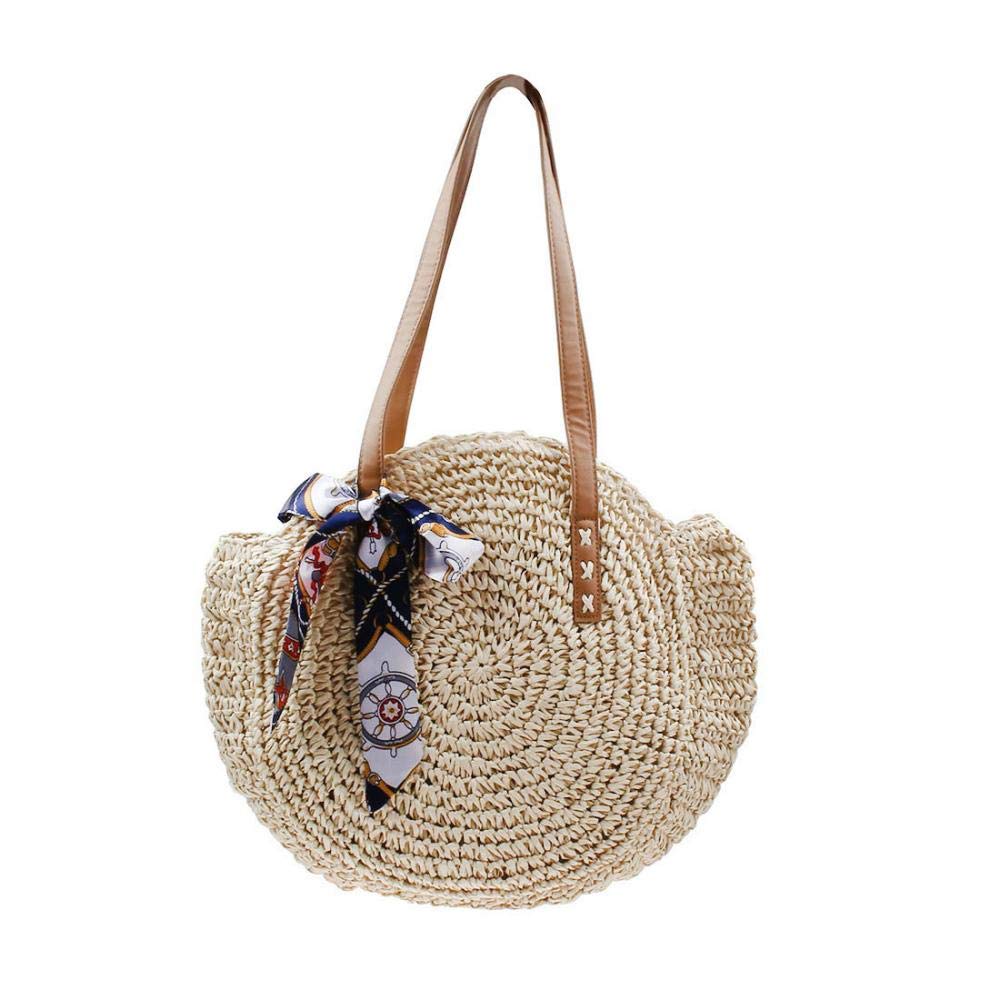 Women's Large Straw Beach Tote Bag - Woven Round Handbag With Pompom Handle, Summer Bag
