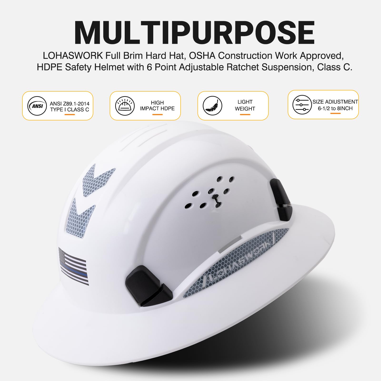 Casco duro de ala completa, aprobado por la OSHA, casco duro ventilado Cascos de construcción, ajustable, ventilación fresca, casco de seguridad para hombres y mujeres