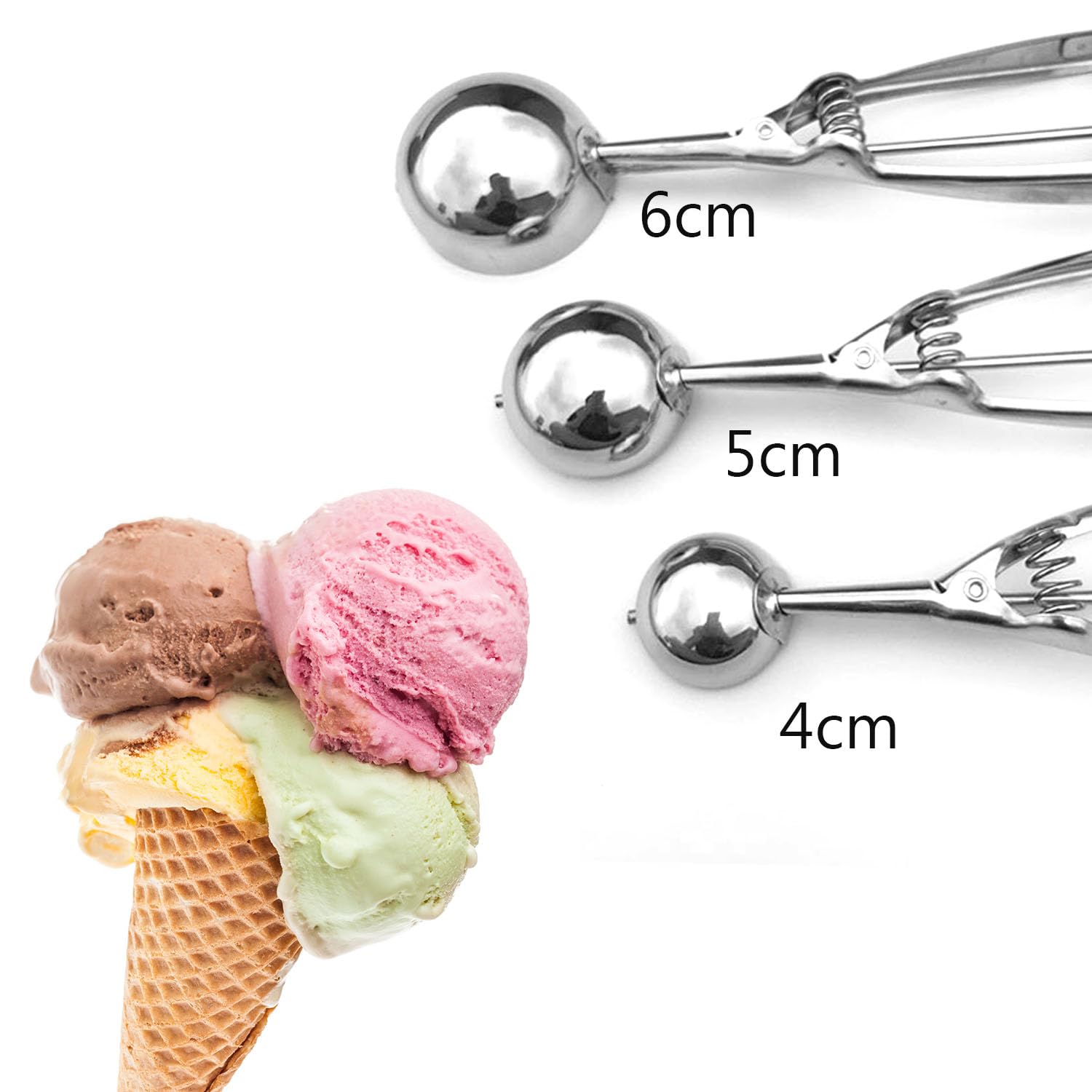 VFANDV 3-teiliges Eisportionierer Set Aus Edelstahl – Mit Auslöser Für Eiscreme, Keksteig & Obstkugeln