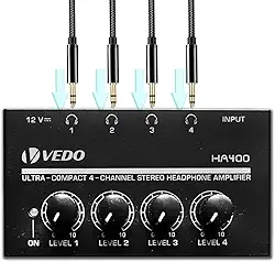 Amplificador para fone de ouvido Amplificador de áudio estéreo metálico de 4 canais,Mini divisor de fone de ouvido com adaptador de energia,Saída de fone de ouvido TRS de 1/4' & 1/8'