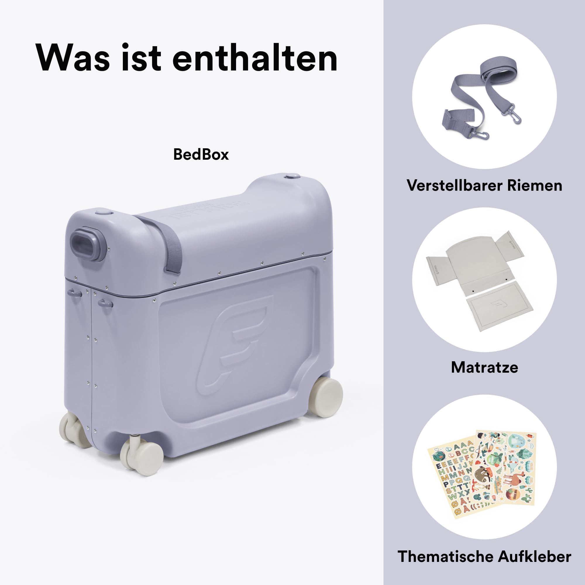 Stokke JetKids BedBox, Arctic Blue - Aufsitzkoffer für Kinder von 2-7 Jahren (bis 35 kg) - Lässt Sich in EIN Bett verwandeln - Inklusive Matratze, dekorativen Aufklebern & verstellbarem Tragegurt
