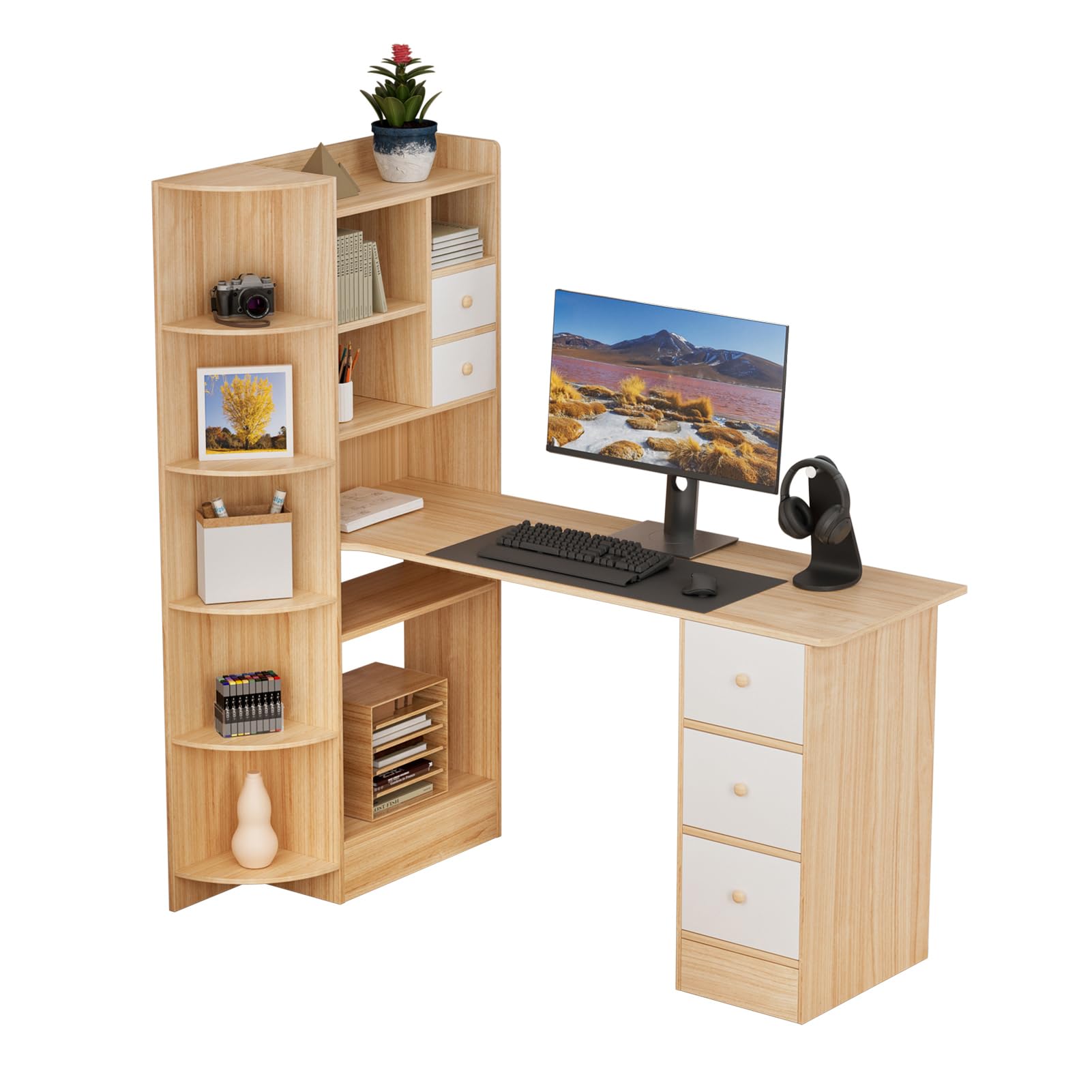 Bureau d'angle en L marron avec étagères de rangement et bibliothèque pour chambre