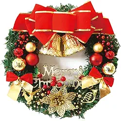 Guirlanda de Natal 40cm para Porta, Decoração de Porta com Laço Vermelho e Sinos Dourados, Enfeite Natalino para Casa (estilo-1)