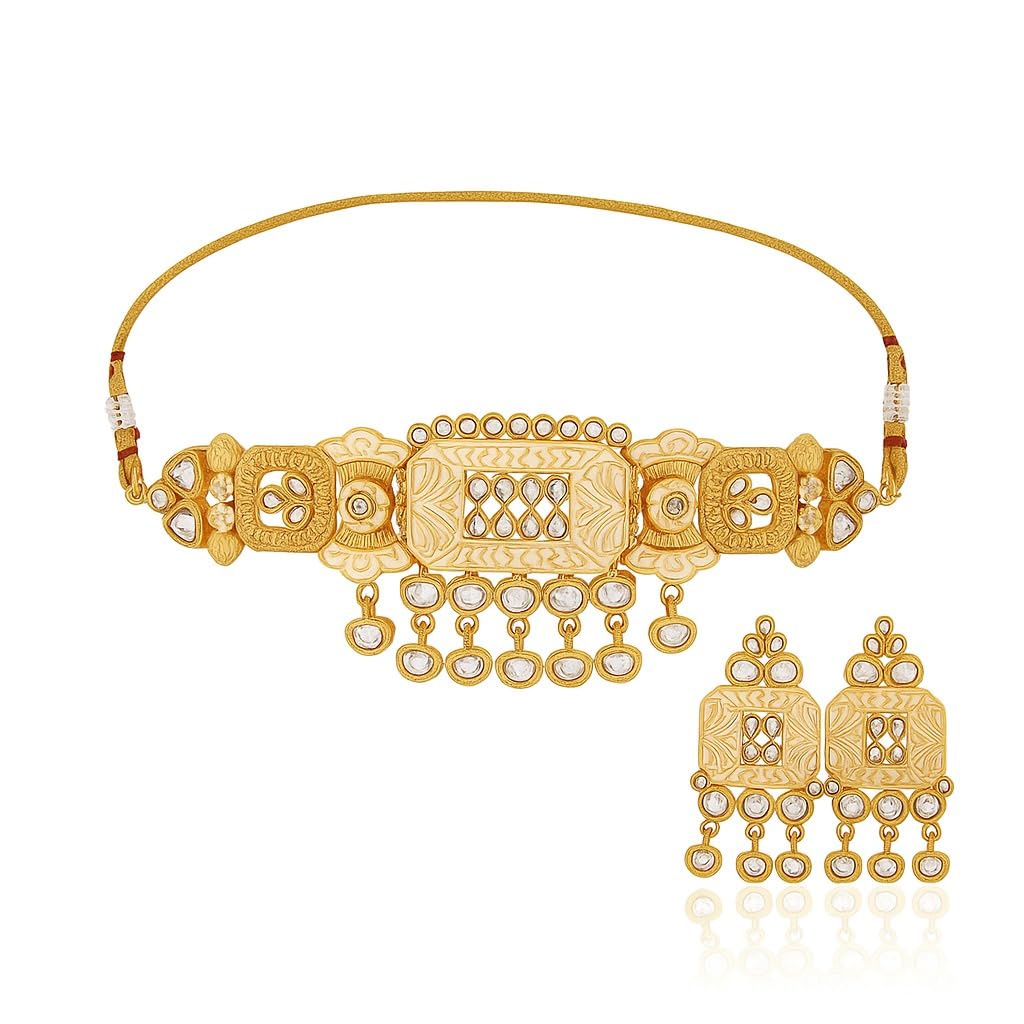 Royal Ivory Enamel Kundan Beaded Antique Gold Plated Jewellery Set-image-21