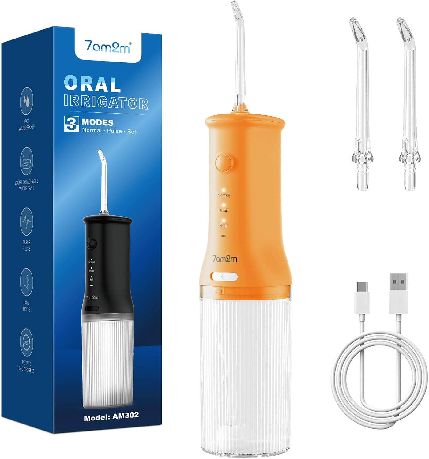 7AM2M Cordless Water Flosser Oral Irrigator, IPX7 Waterproof, Orange