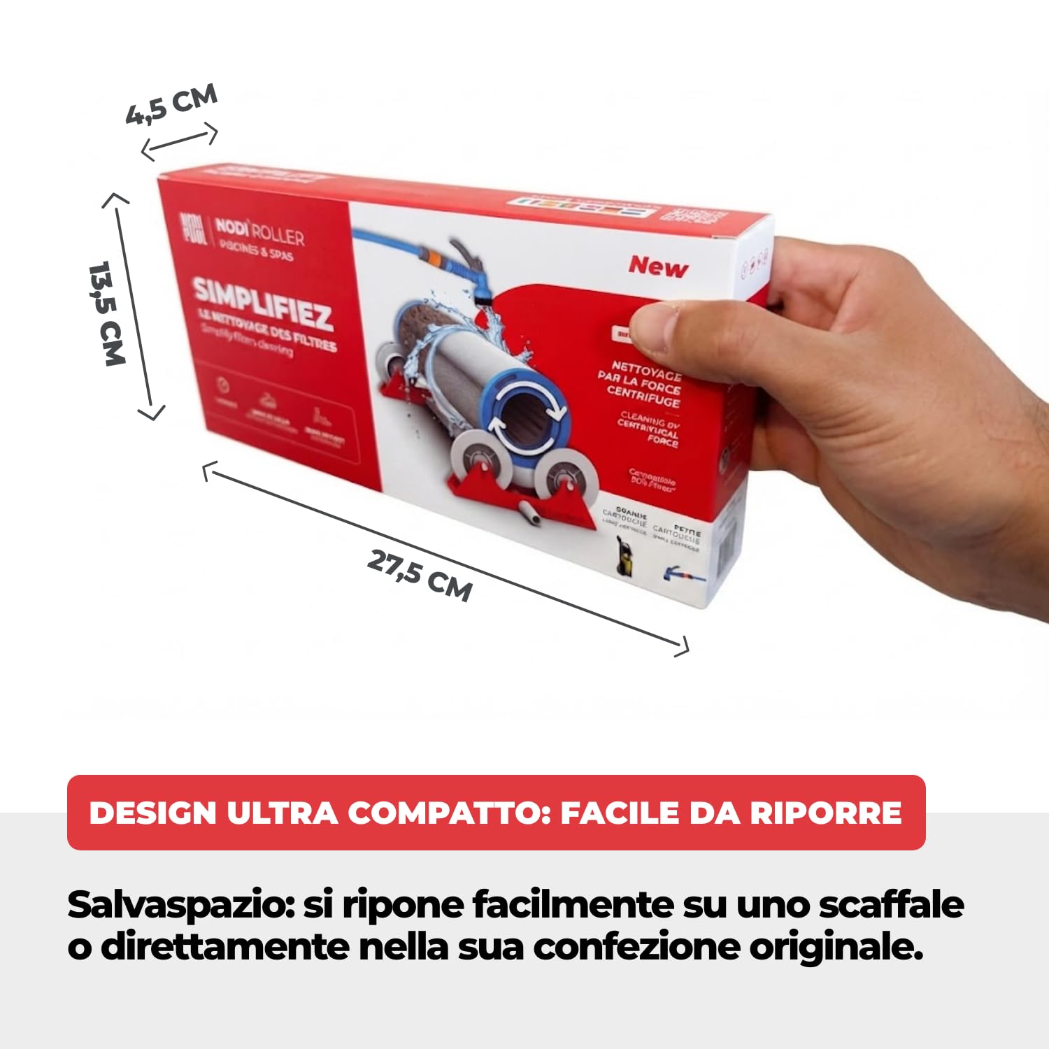 Nodi Roller – Pulitore Rotante Cartucce Filtro Piscina & Spa | Pulisce in 1 Min | Risparmia 90% Acqua | Pulito e Senza Sforzo | Compatibile 95% Cartucce | Getto Potente o Idropulitrice