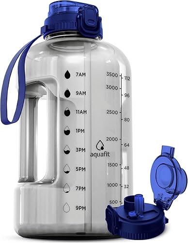 Miniatura 10 de AQUAFIT Botella de agua de 1 galón con popote 2 en 1 y tapa para beber  Botella de agua de un galón con marcador de tiempo y asa, jarra de agua de