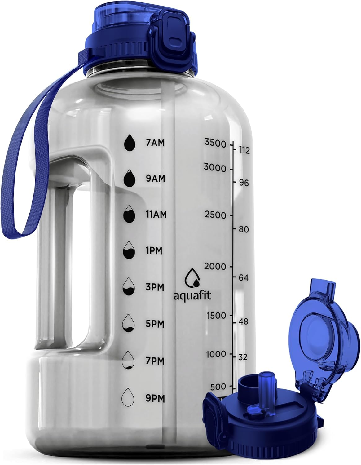 AQUAFIT 1 Gallon Water Bottle with Time Marker - Straw & Chug Lid - BPA Free Gym Water Bottle with Straw - Big Gallon Jug (Clarity, 128 oz - 2in1 Lid)