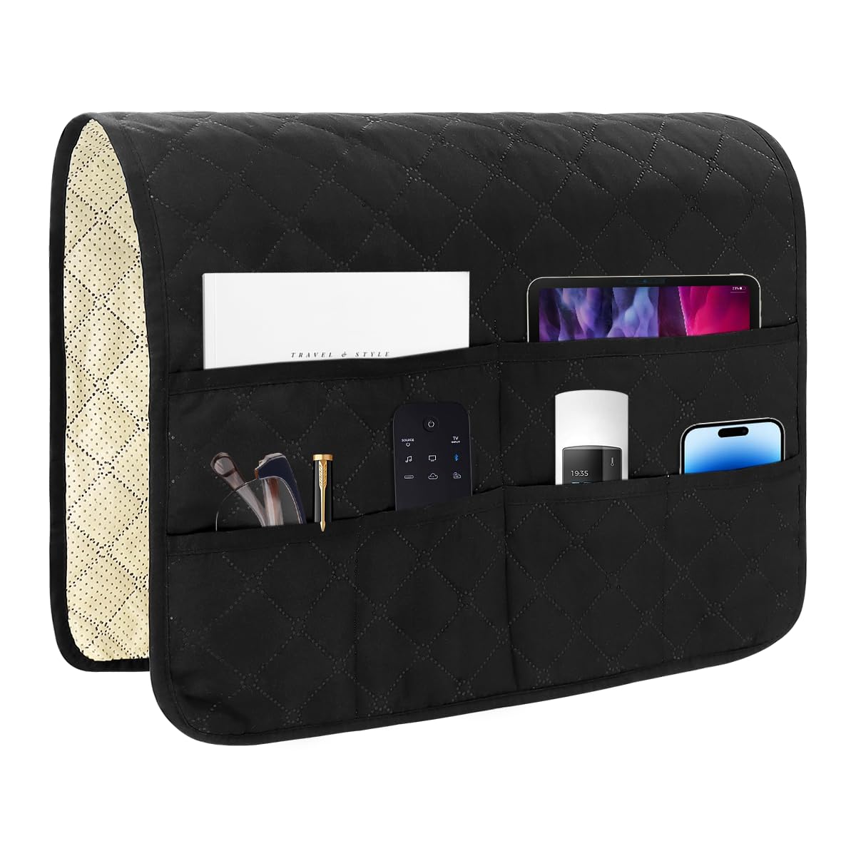 HADEEONG Bedside Caddy for Couch Remote Control Holder Recliner Armrest Organizer Non Slip Sofa Armchair Caddy with 6 Pocket Storage for Magazine, Tablet, Phone, iPad, Black
