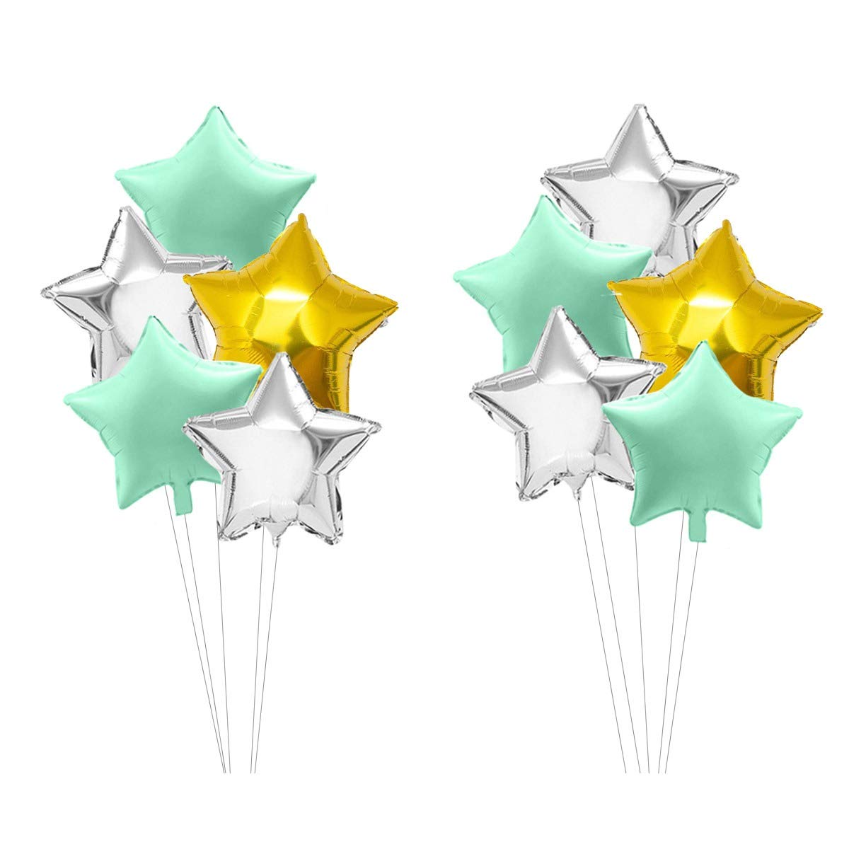 Rozi Decoration 18" inches Star Shape Party Decorative Foil Balloon - Pack of 10 Pcs (Pastel Green, Silver & Gold) 713PSRGS