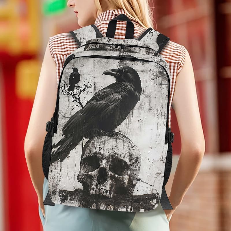 The-Raven and Skull Backpack With Adjustable Straps Multi-Functional Daypack For Laptop, Travel, Hiking & Daily Use