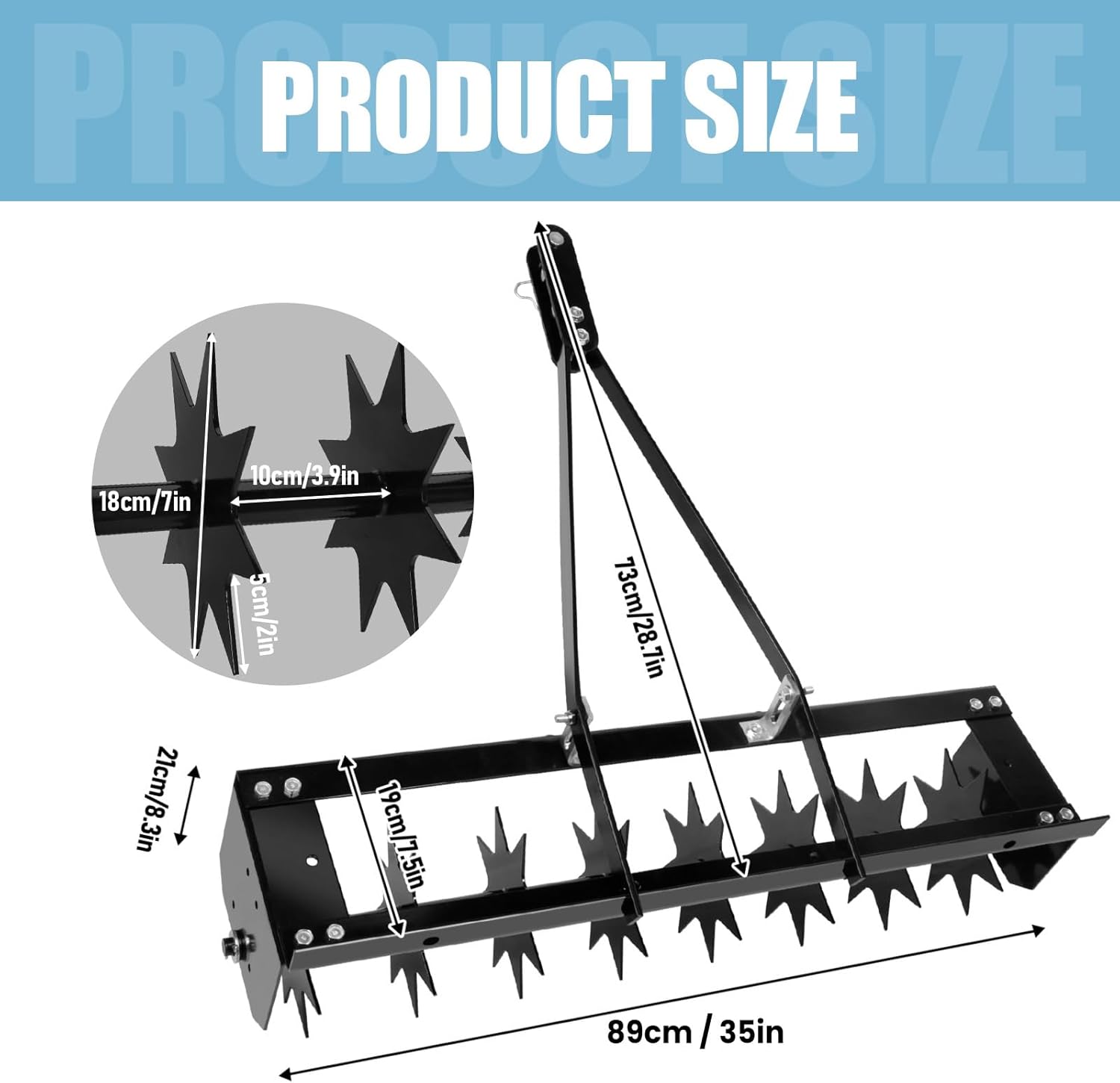 RQR 35" Tow Behind Lawn Aerator, Heavy-Duty Plug Aerator with 200 LBS Load Capacity, Star Steel Tines & Double Rod Frame, Soil Aeration Tool for Compact Lawn, Yard, Farm & Garden