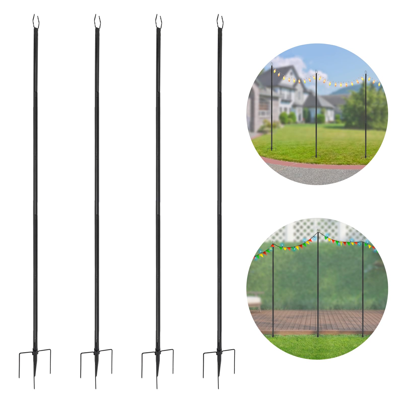 4er-Set Außenlichtmasten, Laternenstab Lichterkettenmast aus Eisen schwarz für Garten, Partys & Hochzeiten – 3m mit Stabiler Boden- und Zaunmontage