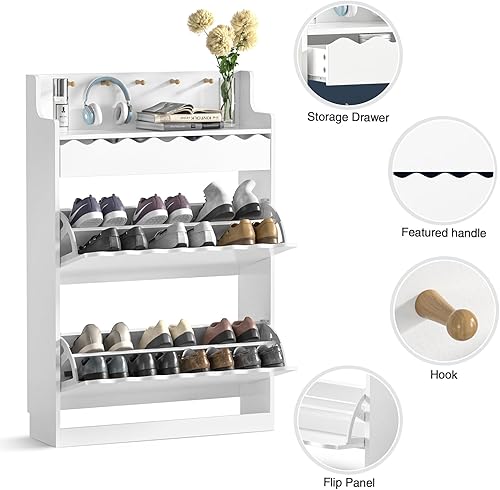 Miniatura 3 de Anmytek Zapatero blanco con 2 cajones abatibles para entrada, armario estrecho para zapatos, organizador de almacenamiento oculto independiente para
