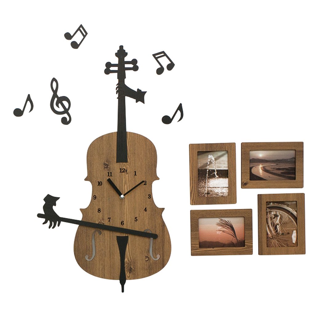 Clock HJP Antique Style Quartz Reloj Large Decorative Wall Violin Shaped Wood Geometric Needle ghsaghas