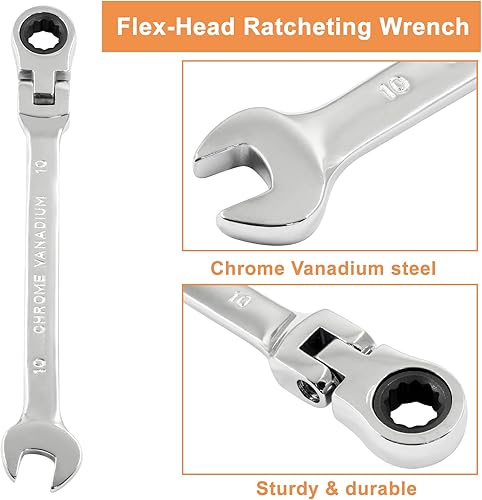 Miniatura 3 de Piutouyar Llave de trinquete de cabeza flexible de 0.394 pulgadas, llave de trinquete métrica profesional, llave combinada, herramienta de llave de