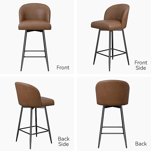 Miniatura 5 de Juego de 2 taburetes de bar giratorios de 360 con respaldo alto y patas de metal, altura de asiento de 26 pulgadas, sillas de bar tapizadas de piel