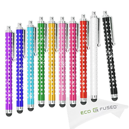 Eco-Fused 10 Pack Bling Metal Stylus Pens - Universal - Compatible with All Capacitive Touchscreen Devices - for iPad, iPhone, Samsung Phones and Tablets, All Android Phones and Tablets and More