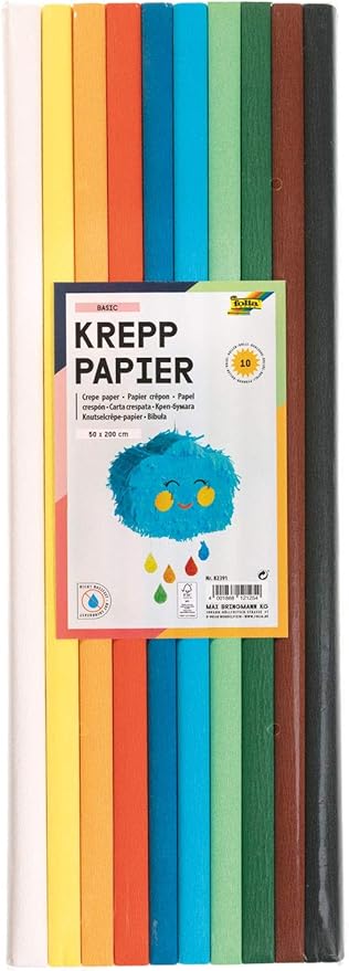 folia 82391 – Krepppapier – Sortiment Basic, 10 Rollen in verschiedenen Farben, jede Rolle ca. 50 x 200 cm, sehr elastisches und dünnes Papier, mit einer unebenen und rauen Oberfläche