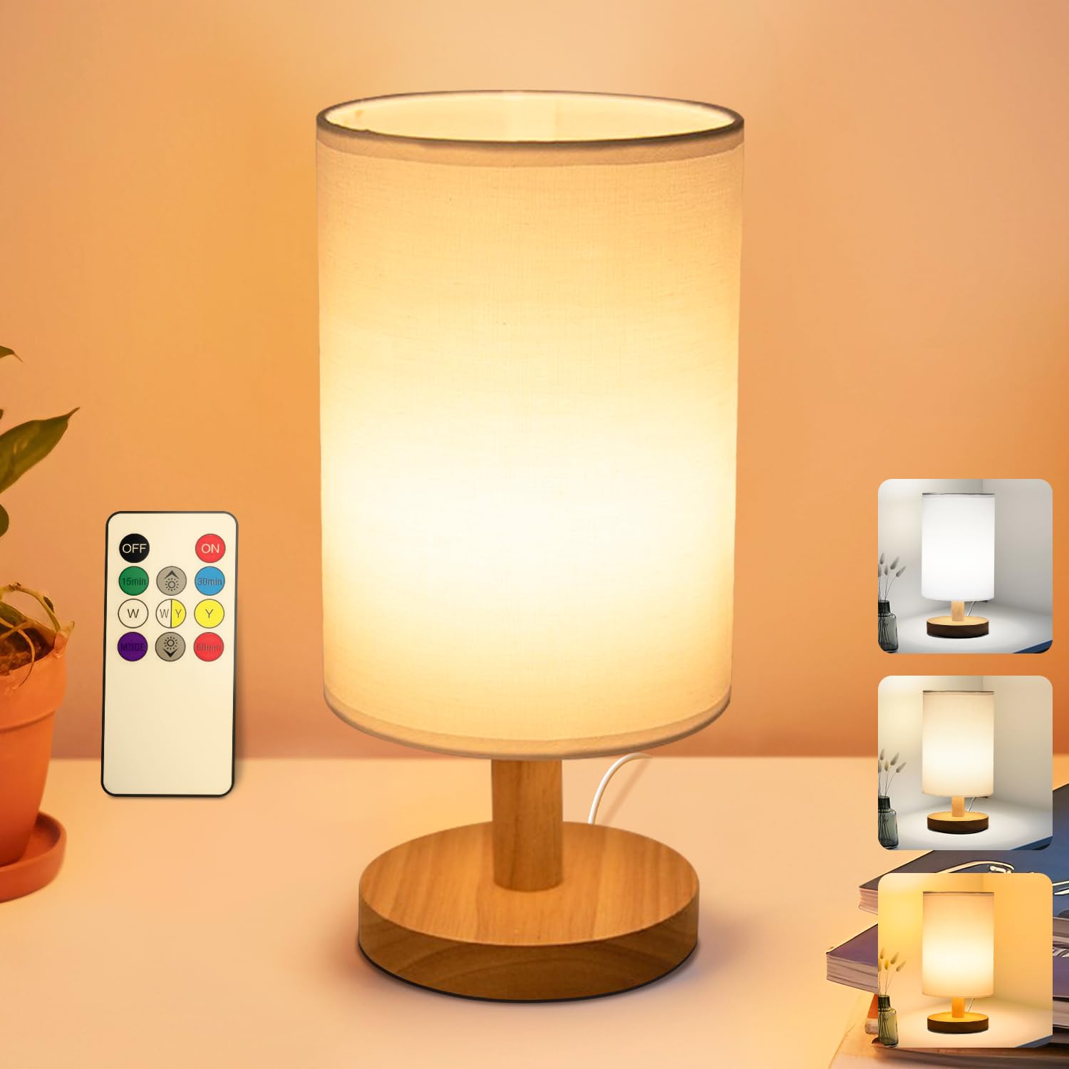 Dimmable Bedside Table Lamp with Touch Control, Necomi 3 Colors Table Lamp with Square Fabric Shade, Minimalist Night Stand Light for Bedroom, Living Room, Office Bedside Table Lamp with 3 Colors