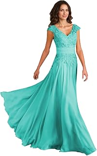 ISABUFEI Chiffon Mother of The Bride Dresses - Lace V-Neck Long Formal Evening Gown Elegant Wedding Guest Party Dress