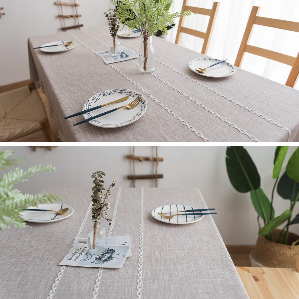 Pahajim Mantel Rectangular Impermeable Antimanchas de Algodón y Lino Manteles Lavable Raya Patrón Diseño de Borlas para Decoracion Mesa Comedor(Beige, 140 x 220 cm)