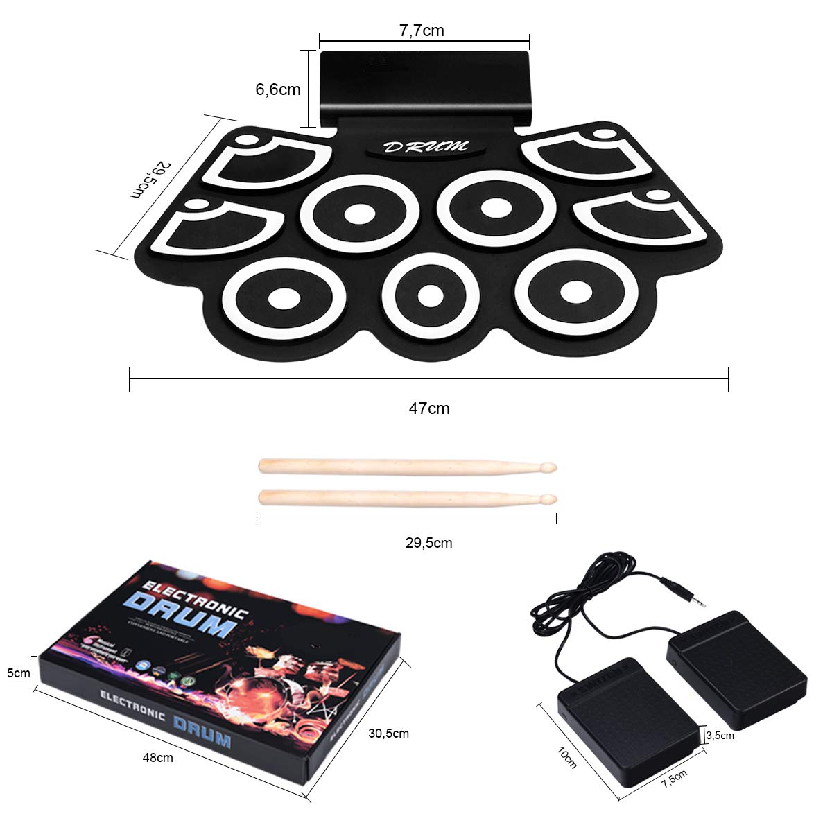 COSTWAY 9 Pads E-Drum, elektronisches Schlagzeug Set mit Bluetooth, Roll-Up-Trommel inkl. Pedale und Drumsticks für Kinder und Anfänger, schwarz