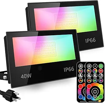 HEKEE LED Flood Light Outdoor, 40W RGB Color Changing 4000 Lumens FloodLight, DIY Strobe Mode, 120 Colors Uplight, Timing, RGBW 2700K Warm White, IP66 Waterproof Spotlight (2 Pack)