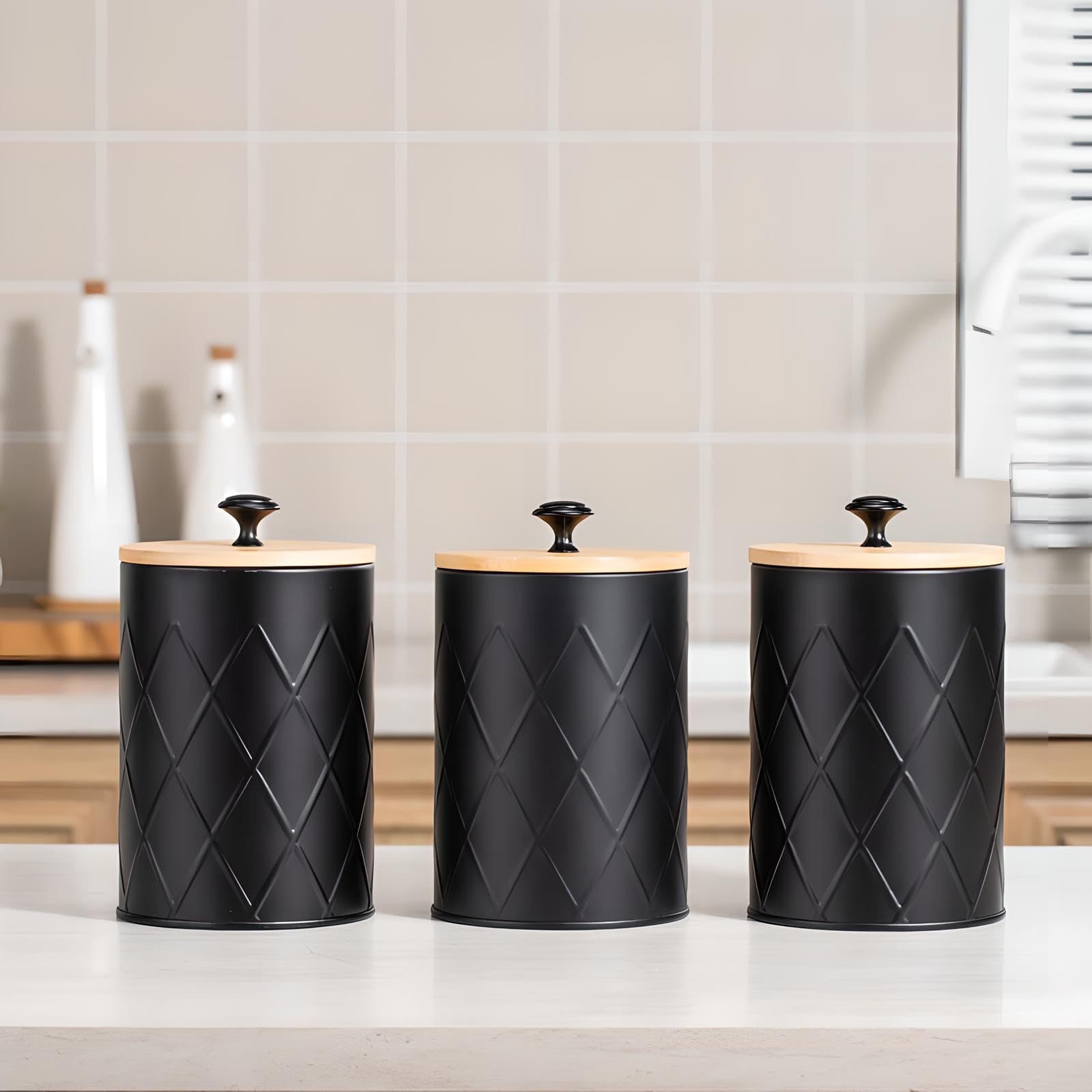 Kiss Me Set di 3 barattoli neri per tè, caffè e zucchero, con coperchio ermetico in bambù