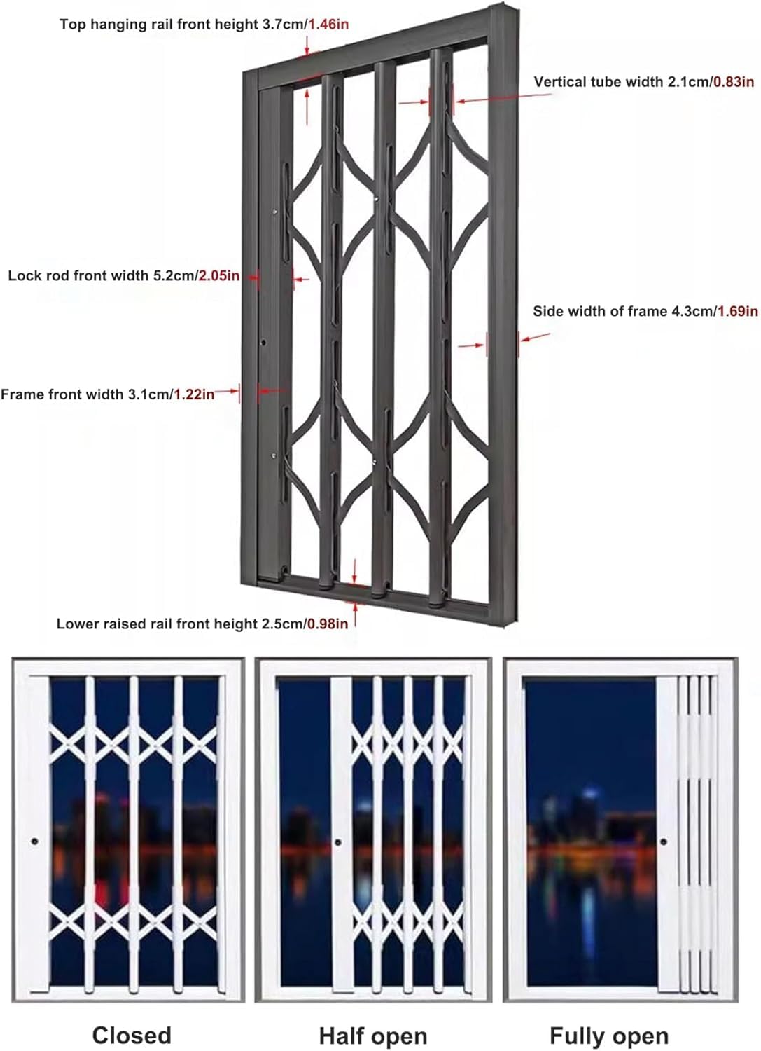Barres de sécurité horizontales pliables pour fenêtre avec serrure – Rail de sécurité réglable pour portails coulissants et fenêtres (80 x 130 cm)