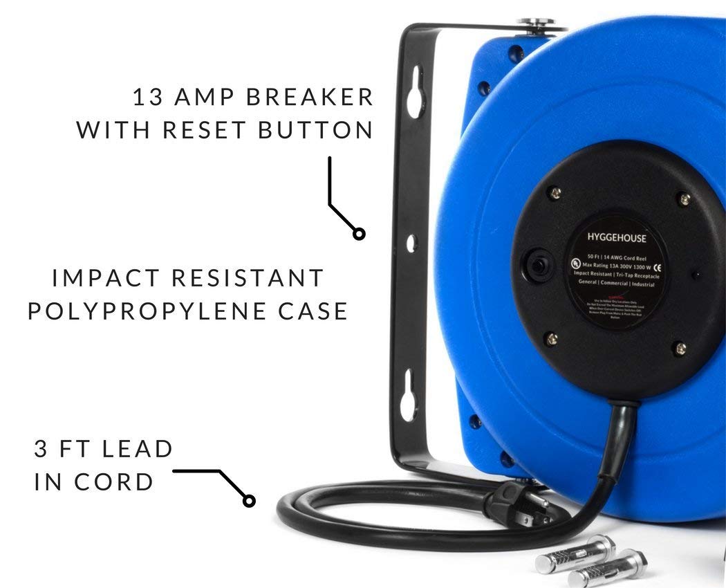 High Performance 50Ft Retractable Extension Cord Reel. 14AWG, 13A, Tri-Tap Receptacle. 180 Swivel Mounting Bracket + Hardware Included. Reset Button, LED Power Status Light & Adjustable Stopper