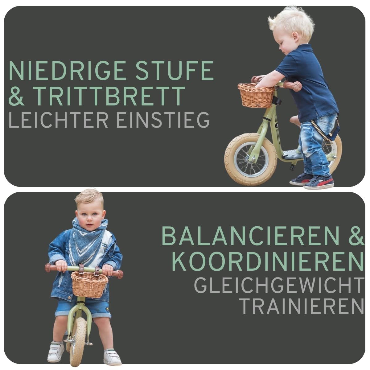 Bandits & Angels Laufrad aus Metall mit Weidenkorb mit Trittbrett ab 2 Jahren – Lauflernrad – Verstellbarer Sattel 29 bis 39 cm – Für Jungen und Mädchen – Niedriger Einstieg