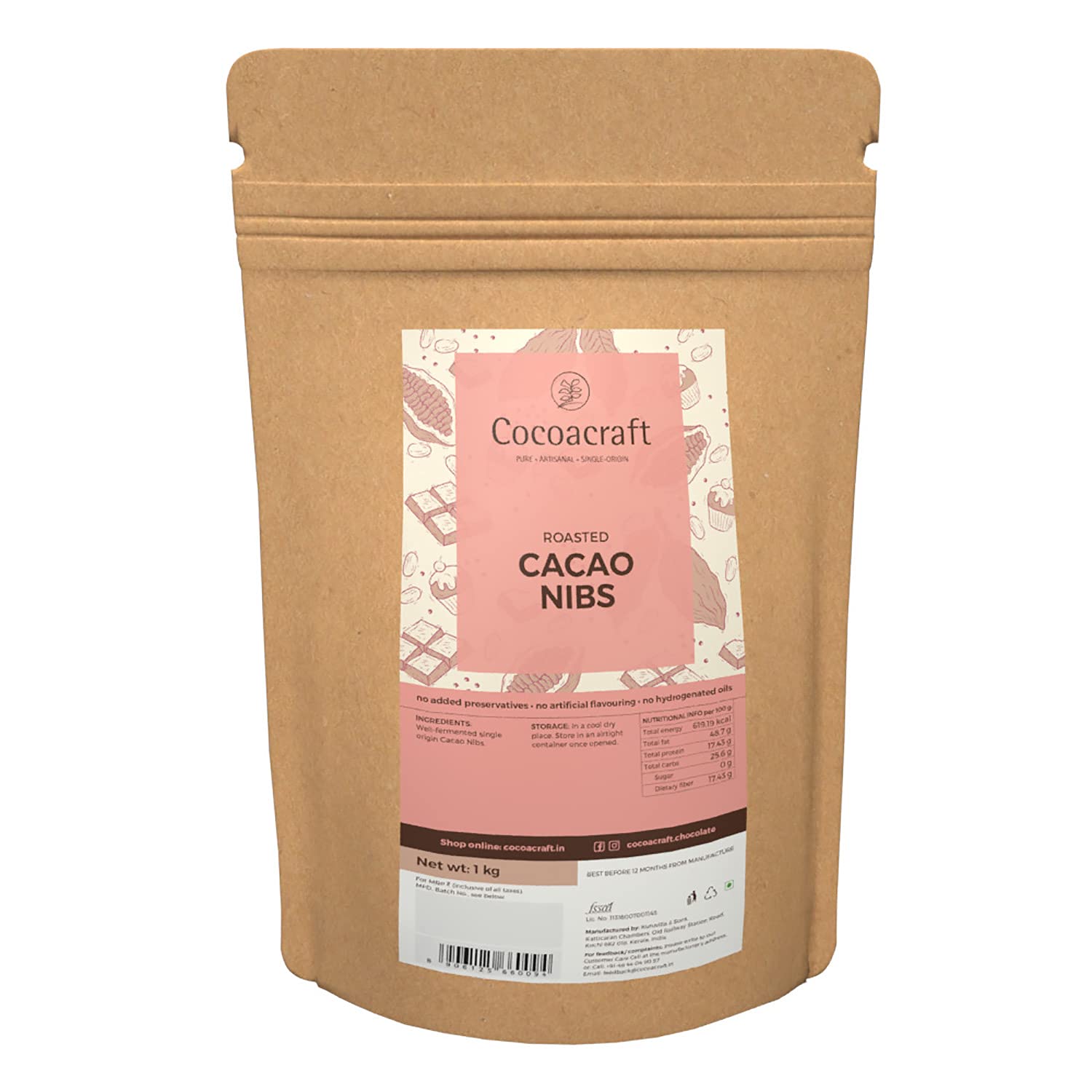 Cocoacraft Roasted Cacao Nibs (1KG) No Preservatives, Artificial Flavouring & Hydrogenated Oils | 100% Natural| Handmade Artisanal Couverture from Kerala | Used for baking and decoration