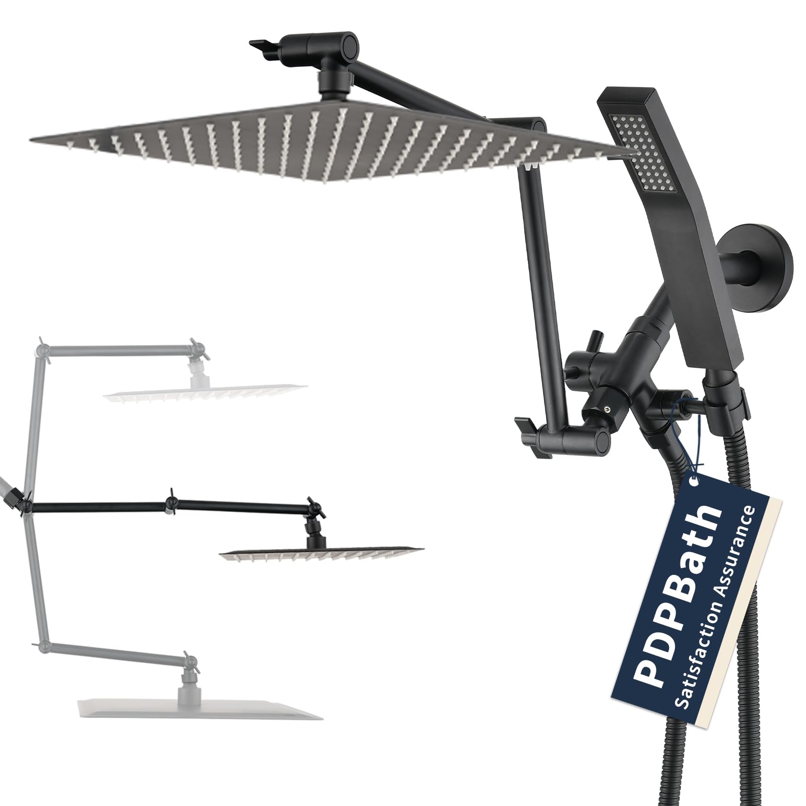 PDPBath All Metal 12" Rainfall Shower Head with 16" Upgrade Flexible Extension Arm, Shower Head with Handheld Combo,70" Extra Long Shower Hose, 3-Way Diverter,Matte Black